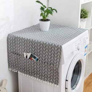 fridge dust cover multi-purpose washing machine cotton linen top cover with side storage pockets-grey white stripes(51x21inch)