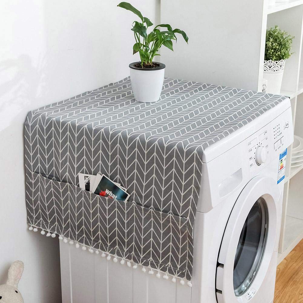 Fridge Dust Cover Multi-Purpose Washing Machine Cotton Linen Top Cover with Side Storage Pockets-Grey White Stripes(51x21inch)