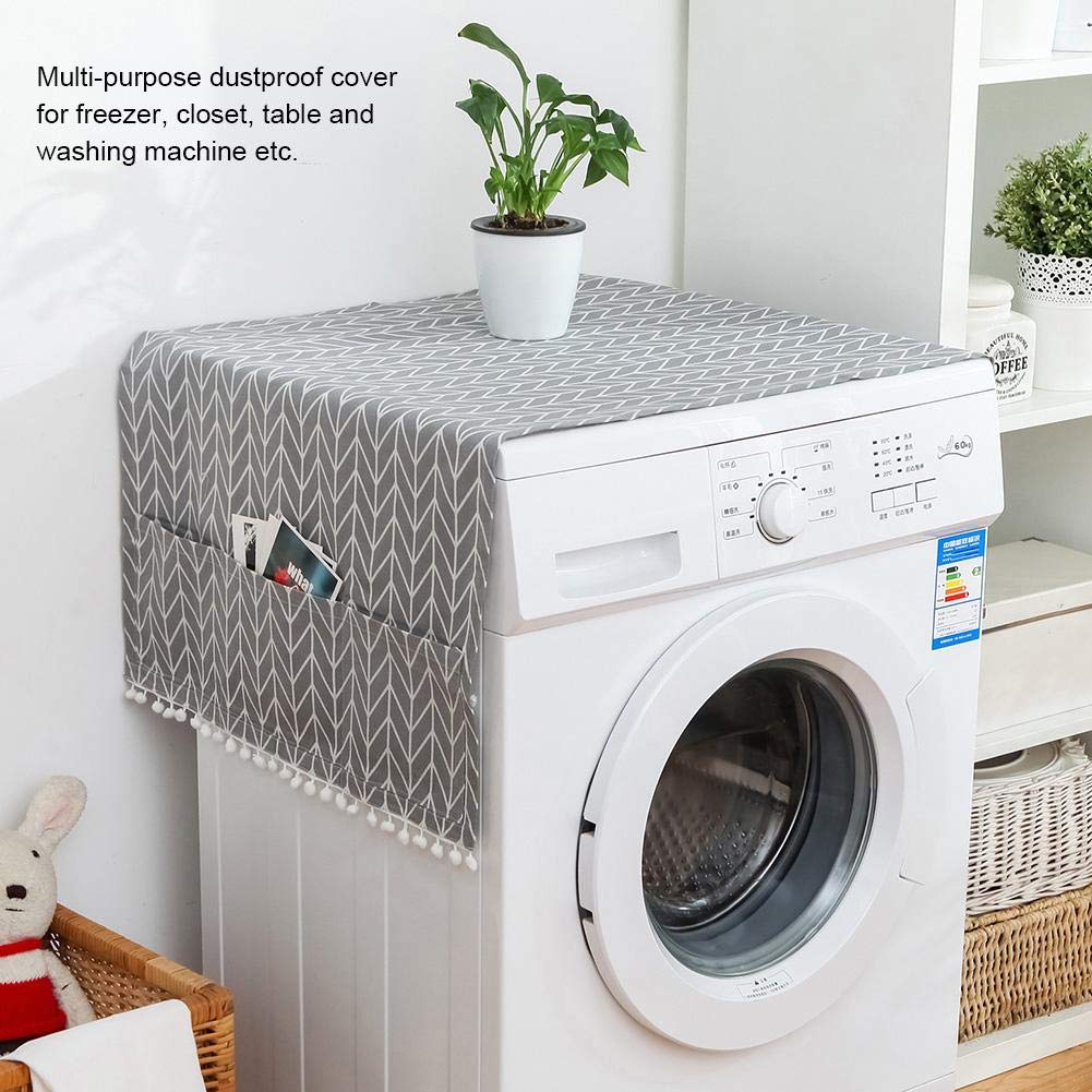 Fridge Dust Cover Multi-Purpose Washing Machine Cotton Linen Top Cover with Side Storage Pockets-Grey White Stripes(51x21inch)