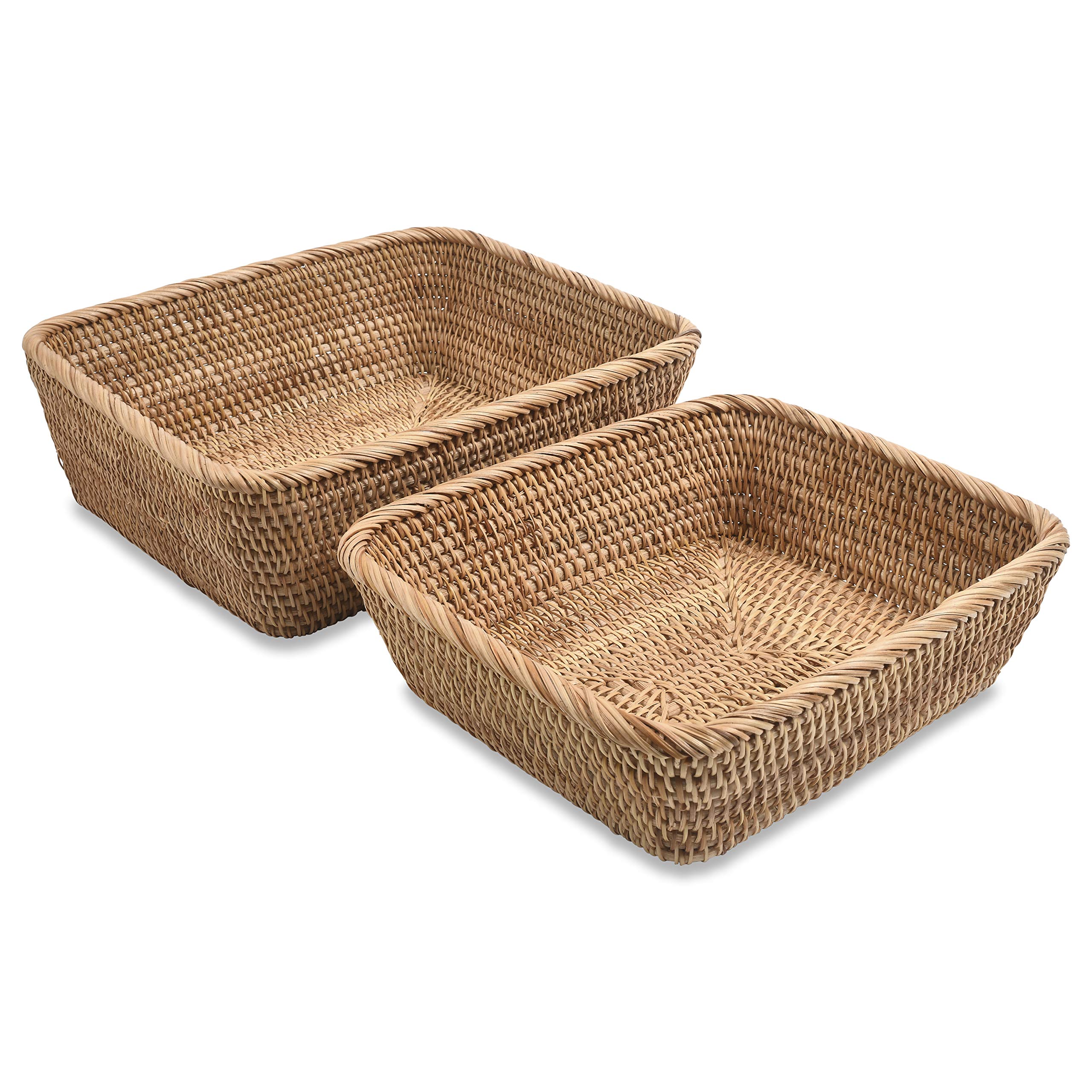 FiaLife Rattan Hand Woven Rectangular Decorative Rustic Storage Trays for Home/Social Events - Bread Basket, Vegetable, Fruits, Snacks, Crackers, Kitchen/Bathroom Organizer. Set of 2.