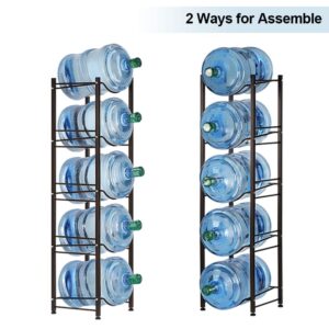 5 Gallon Water Bottle Holder Water Cooler Jug Rack 5 Tier Water Jug Holder Storage Racks Organizer Heavy Duty Detachable for 5 Bottles Home, Kitchen, Office, Black