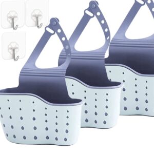 qtopun sponge holder for sink, 3 pack sink caddy organizer with 3 hooks kitchen dishcloth holder adjustable strap bathroom soap hanging strainer tootthbrush bag - blue