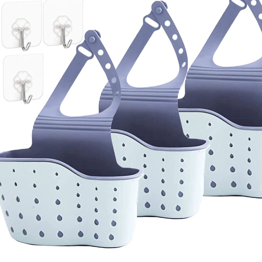 Qtopun Sponge Holder for Sink, 3 Pack Sink Caddy Organizer With 3 Hooks Kitchen Dishcloth Holder Adjustable Strap Bathroom Soap Hanging Strainer Tootthbrush Bag - Blue