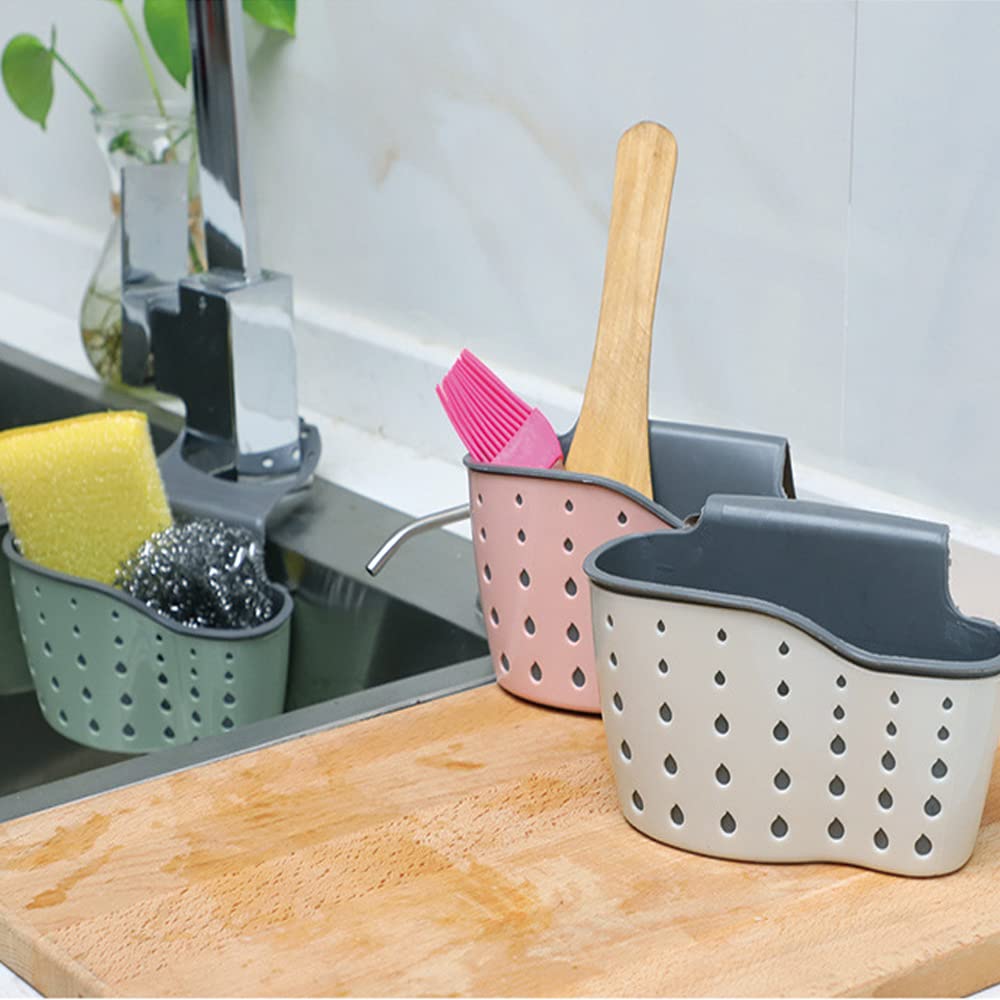 Qtopun Sponge Holder for Sink, 3 Pack Sink Caddy Organizer With 3 Hooks Kitchen Dishcloth Holder Adjustable Strap Bathroom Soap Hanging Strainer Tootthbrush Bag - Blue