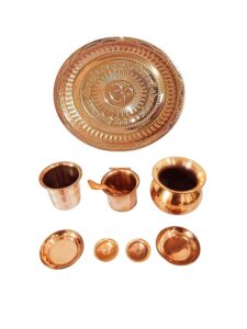 hans product pooja thali set round plate, panch patra, copper spoon, copper glass, copper diyas, small prasad plates, one copper lota (chambu) (9 pcs)