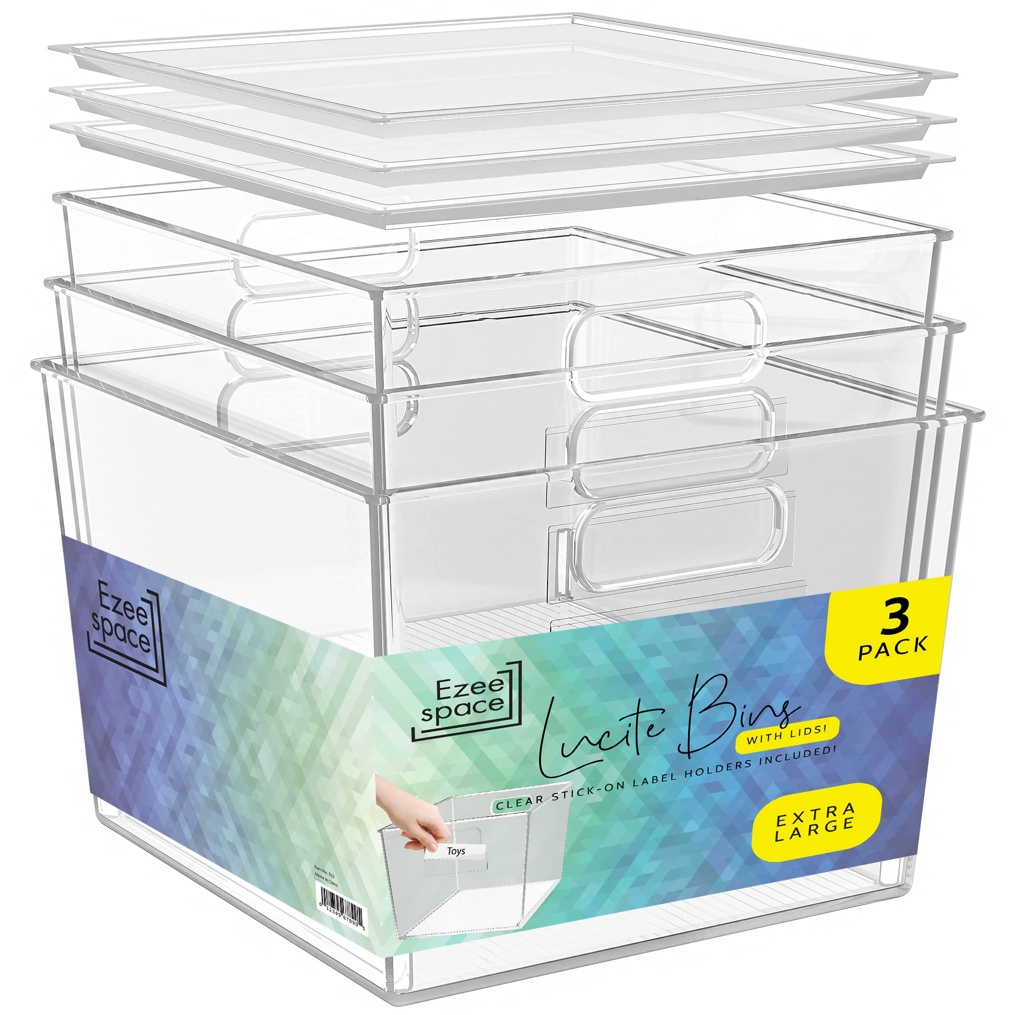 Ezee space XL Clear Plastic Storage Bins with Lids - 3 Pack- Acrylic Storage Containers for Home, Kitchen, Pantry & Closet, Extra Large Freezer and Pantry Lucite bins for organizing - 12X12X7