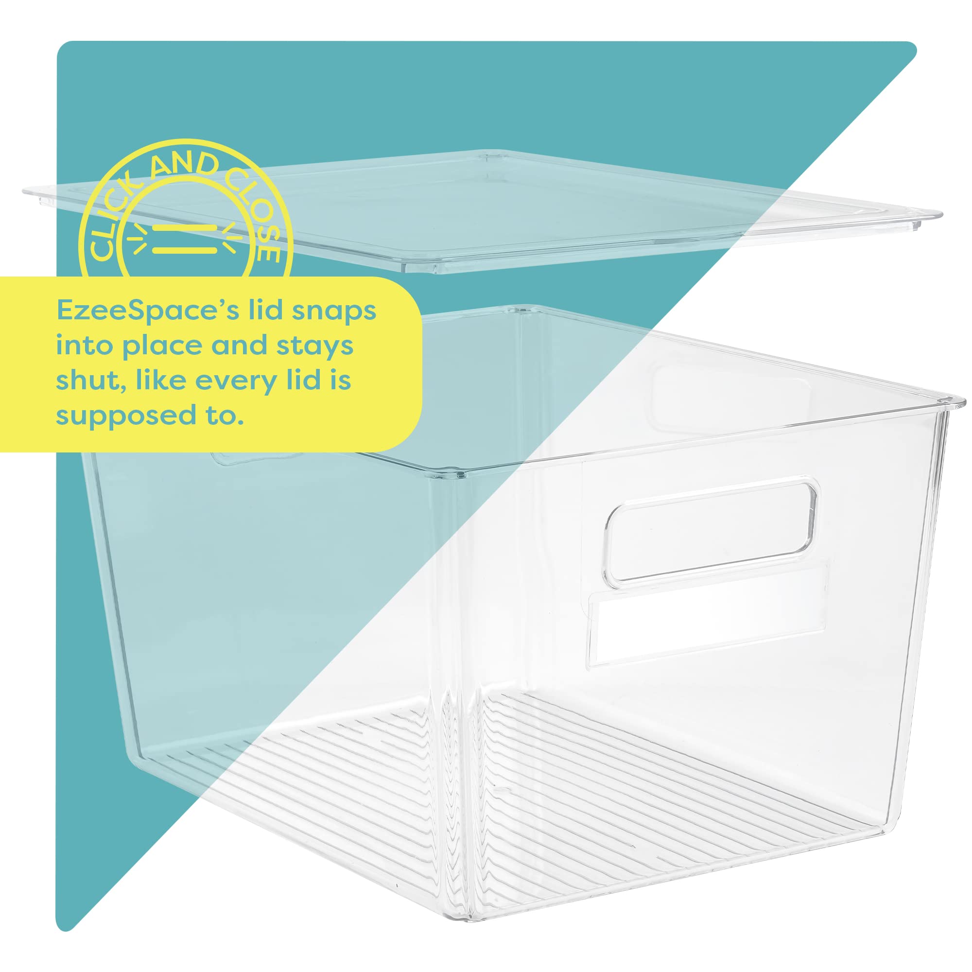 Ezee space XL Clear Plastic Storage Bins with Lids - 3 Pack- Acrylic Storage Containers for Home, Kitchen, Pantry & Closet, Extra Large Freezer and Pantry Lucite bins for organizing - 12X12X7