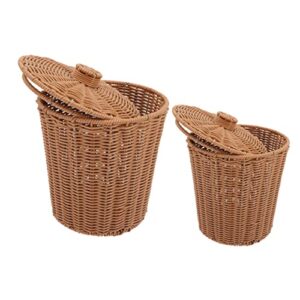 yardwe 2pcs storage bucket with lid wicker storage basket seagrass plant pot paper waste basket woven flower pots small trash can wicker basket with lid rattan outdoor iron office toy