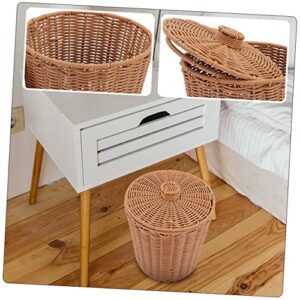 Yardwe 2pcs storage bucket with lid wicker storage basket seagrass plant pot paper waste basket woven flower pots small trash can wicker basket with lid rattan outdoor Iron office Toy
