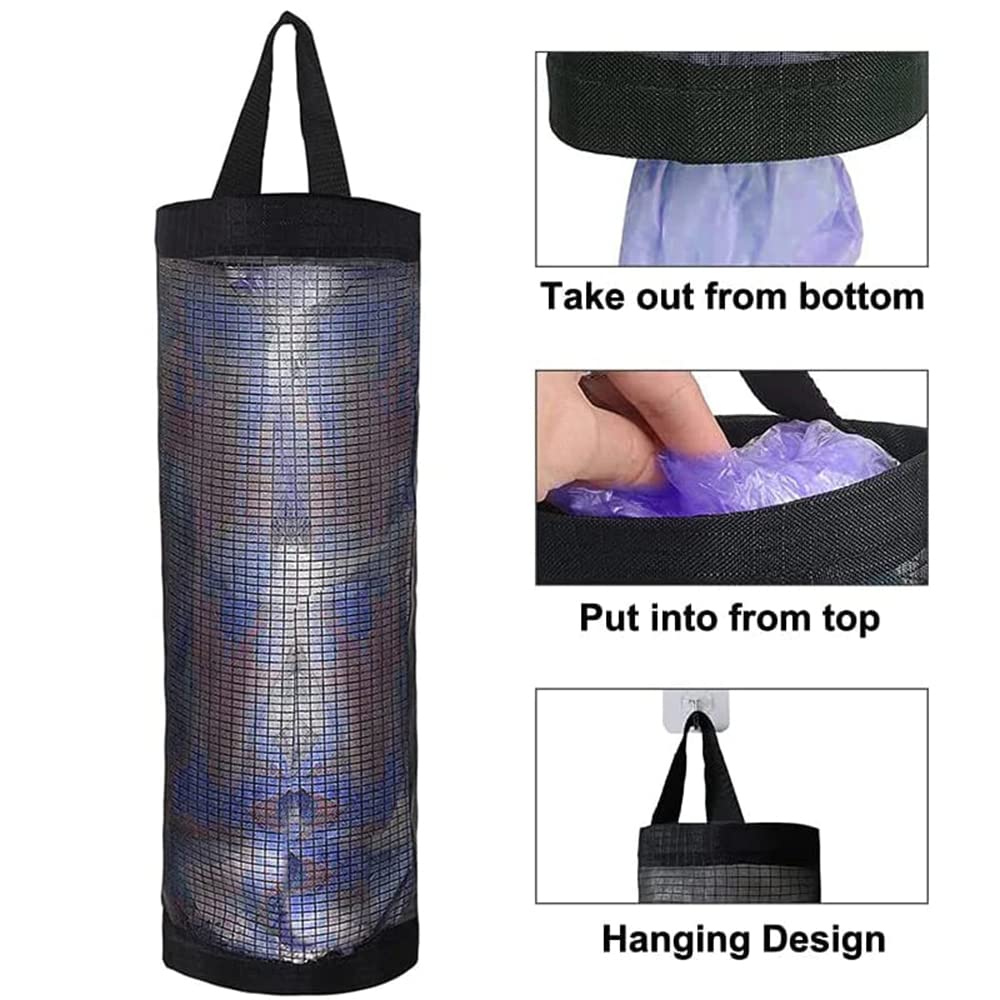 IUAIU Mesh Hanging Storage Dispenser, 3Pcs Plastic Bag Holder Breathable Mesh Hanging Storage Dispensers, Bag Holder for Plastic Bags, Foldable Breathable Storage Bag with Hook (Black-3pcs)