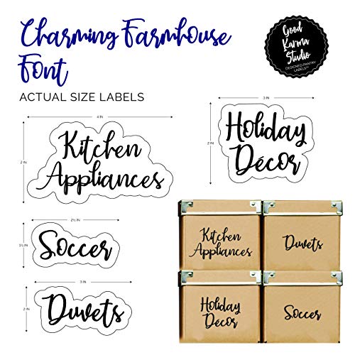 Good Karma Studio 150 Labels for Storage Bins + 15 Blank Labels, Household Labels, Farmhouse Font, Linen Closet, Home Office, Kids', Garage