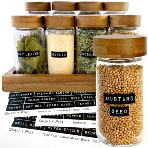 quart + pint 160 spice labels for jars: minimalist matte black sticker white text. waterproof labels, organization for spice jars bottles containers bins. storage rack systems for kitchen & pantry.