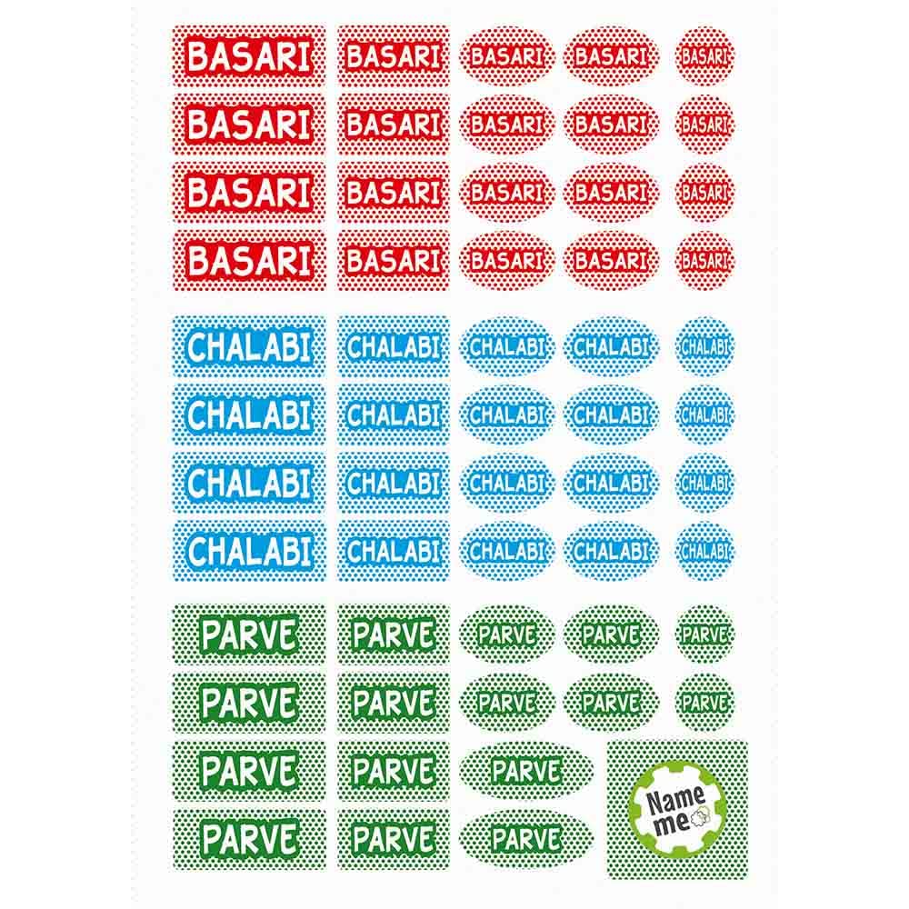 Kosher Kitchen Stickers. Labels with Self Adhesive for Jewish Kitchen Accessories. 20 Chalabi Blue, 20 Basari Red, 16 Parve Green. Sheet of 56 pcs. of Different Sizes and Shapes