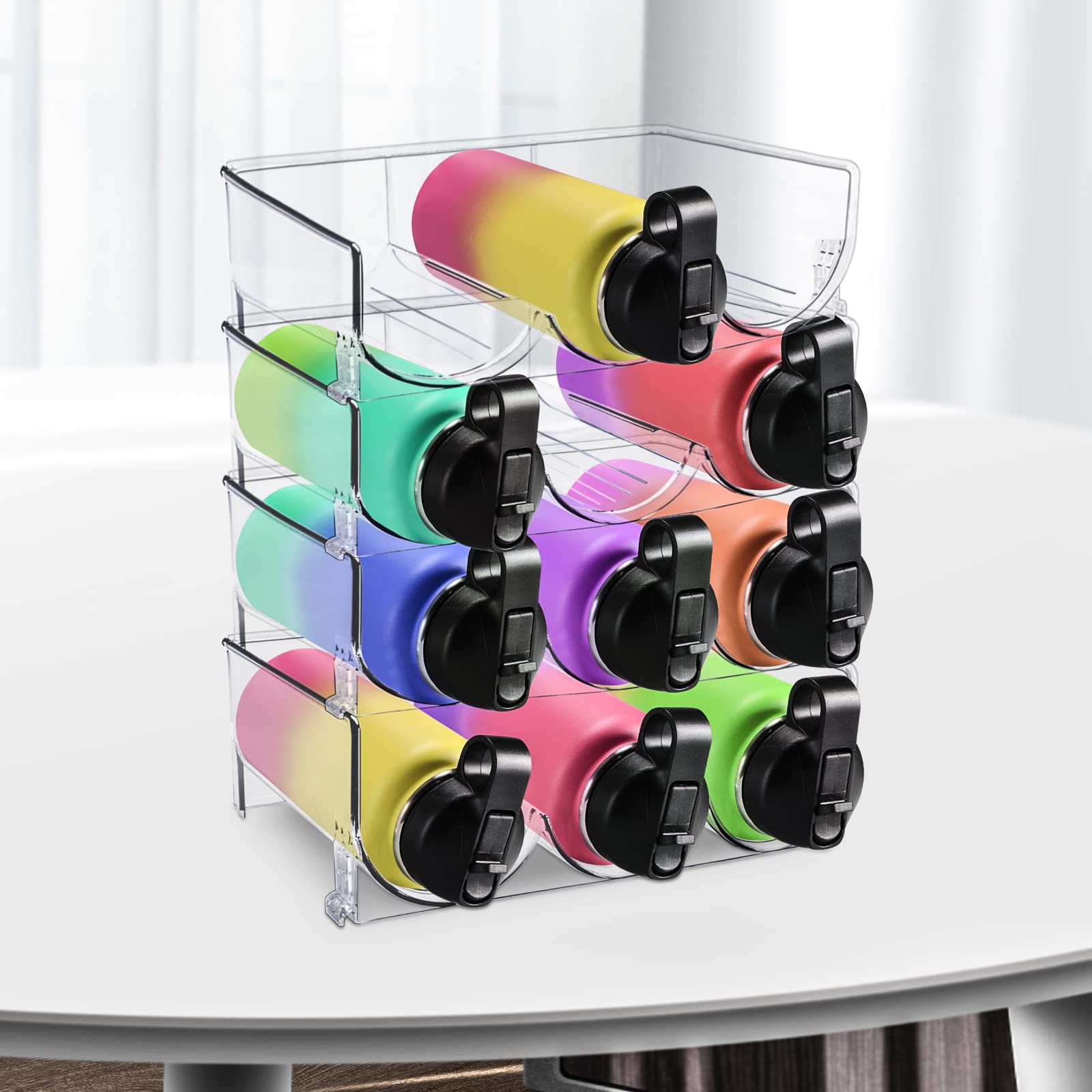 4 Pack Water Bottle Organizer for Cabinet, Pantry, Freezer. Stackable Water Bottle Storage Rack, Plastic Cup Holder for Kitchen Countertop Storage, Sports Flask, Baby Bottle, Water Bottle Storage