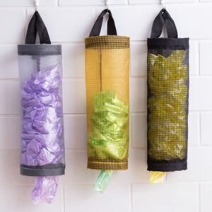 Grocery Bag Holder Mesh Plastic Bag Holder Dispensers Wall Mounted Hanging Trash Bags Holder Kitchen Garbage Bag Organizer(Black)