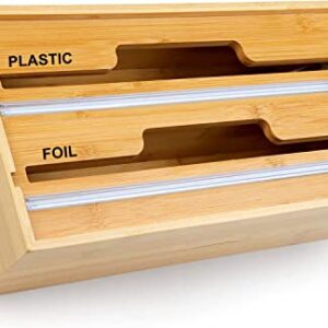 Wrap Dispenser with Cutter& Labels, Plastic Wrap, Aluminum Foil and Wax Paper Dispenser for Kitchen Drawer/Wall Mount| CTSZOOM Bamboo Roll Organizer Storage Holder| Compatible with 12" Roll (2 Slot)