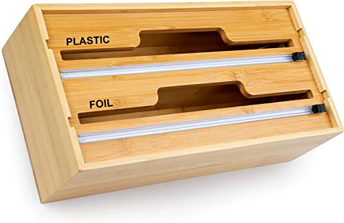 Wrap Dispenser with Cutter& Labels, Plastic Wrap, Aluminum Foil and Wax Paper Dispenser for Kitchen Drawer/Wall Mount| CTSZOOM Bamboo Roll Organizer Storage Holder| Compatible with 12" Roll (2 Slot)