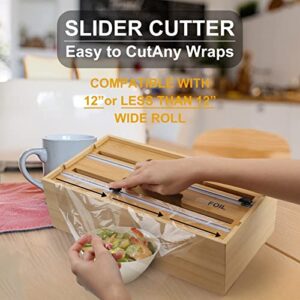 Wrap Dispenser with Cutter& Labels, Plastic Wrap, Aluminum Foil and Wax Paper Dispenser for Kitchen Drawer/Wall Mount| CTSZOOM Bamboo Roll Organizer Storage Holder| Compatible with 12" Roll (2 Slot)