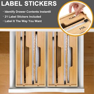 Wrap Dispenser with Cutter& Labels, Plastic Wrap, Aluminum Foil and Wax Paper Dispenser for Kitchen Drawer/Wall Mount| CTSZOOM Bamboo Roll Organizer Storage Holder| Compatible with 12" Roll (2 Slot)