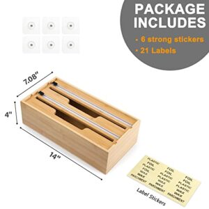 Wrap Dispenser with Cutter& Labels, Plastic Wrap, Aluminum Foil and Wax Paper Dispenser for Kitchen Drawer/Wall Mount| CTSZOOM Bamboo Roll Organizer Storage Holder| Compatible with 12" Roll (2 Slot)