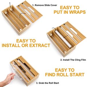 Wrap Dispenser with Cutter& Labels, Plastic Wrap, Aluminum Foil and Wax Paper Dispenser for Kitchen Drawer/Wall Mount| CTSZOOM Bamboo Roll Organizer Storage Holder| Compatible with 12" Roll (2 Slot)