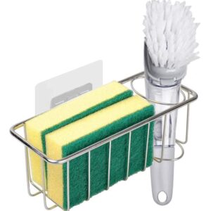 OUKALU Sink Organizer Adhesive Sponge Holder with Brush Holder, 2-in-1 Sink Caddy for Kitchen, SUS304 Stainless Steel Rustproof Waterproof,No Drilling