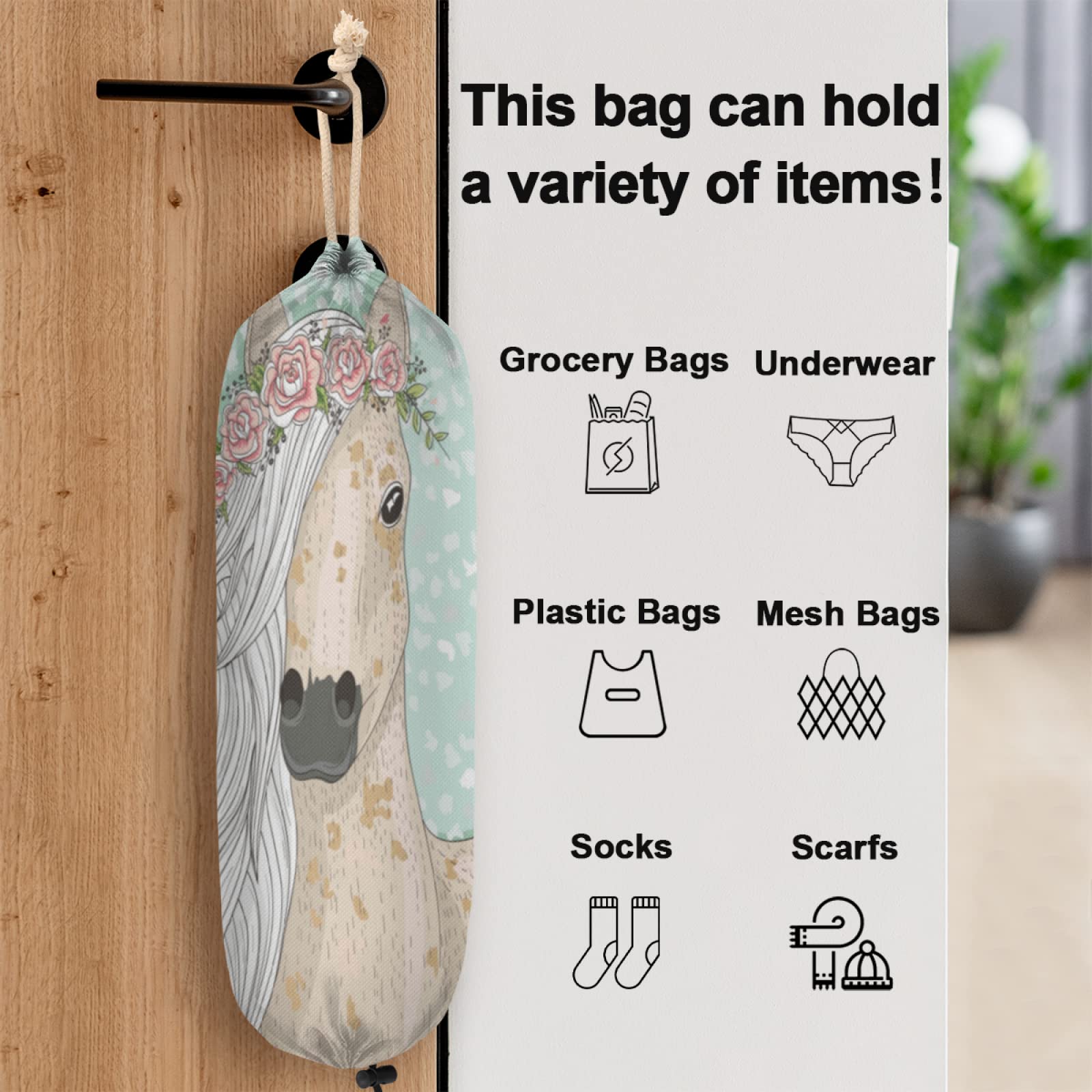 Horse Flower Plastic Bag Holder, Animal Floral Grocery Bag Storage Holder Garbage Shopping Bag Trash Bags Organizer for Kitchen Home