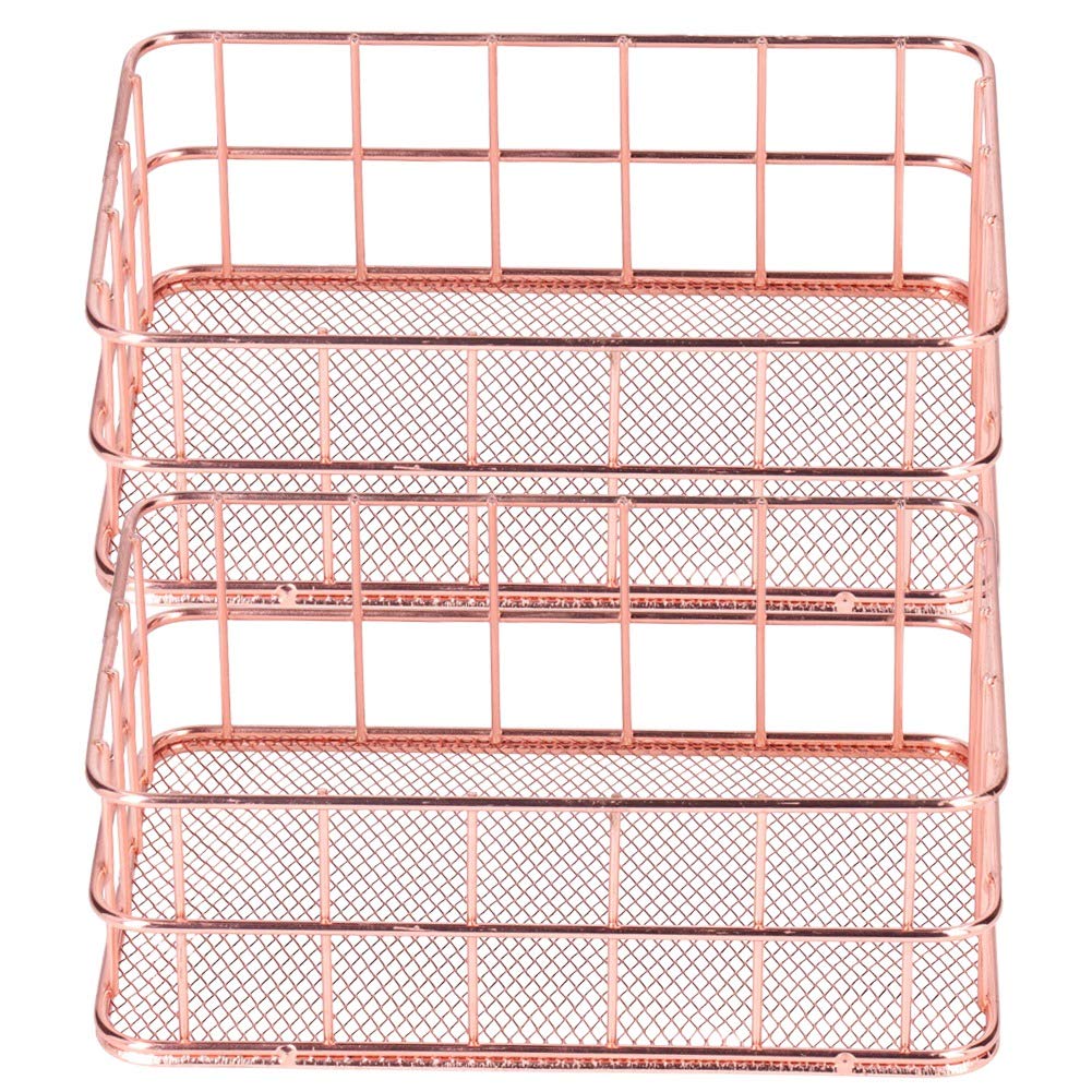 Wrought Iron Storage Basket - Desktop Organizer Container - for Kitchen Cabinets, Pantry, Bathroom - 2 Pack,Rose Gold(Small)