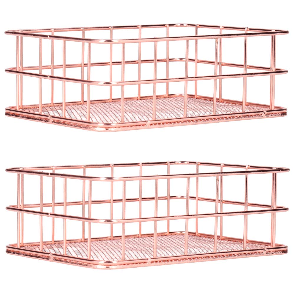 Wrought Iron Storage Basket - Desktop Organizer Container - for Kitchen Cabinets, Pantry, Bathroom - 2 Pack,Rose Gold(Small)