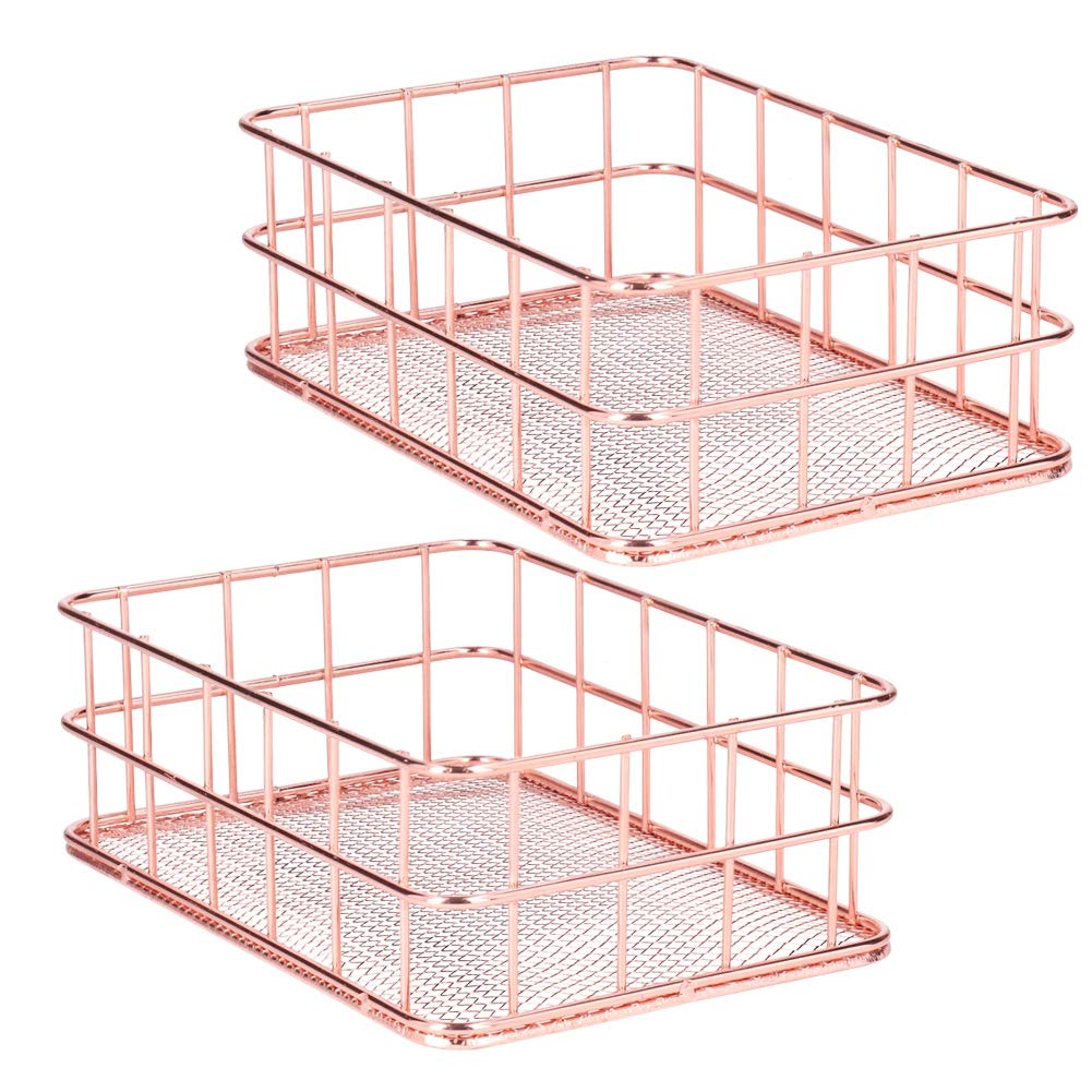 Wrought Iron Storage Basket - Desktop Organizer Container - for Kitchen Cabinets, Pantry, Bathroom - 2 Pack,Rose Gold(Small)