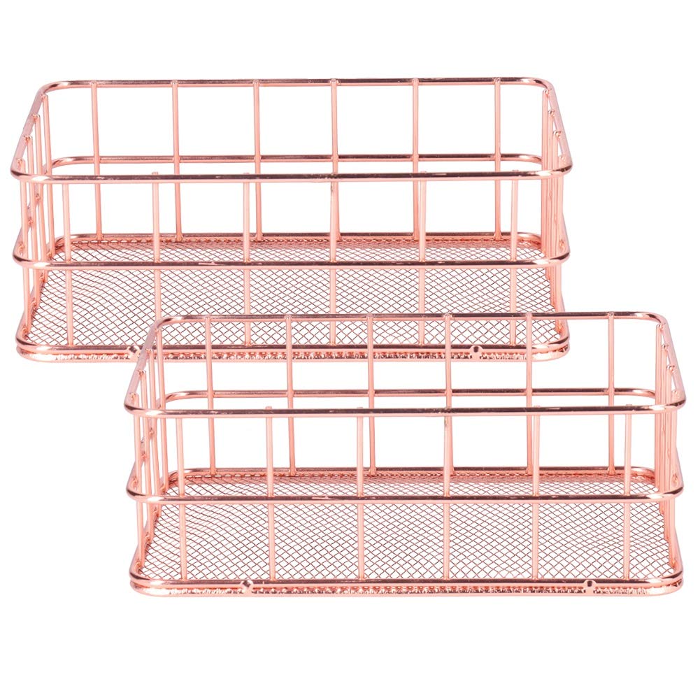 Wrought Iron Storage Basket - Desktop Organizer Container - for Kitchen Cabinets, Pantry, Bathroom - 2 Pack,Rose Gold(Small)