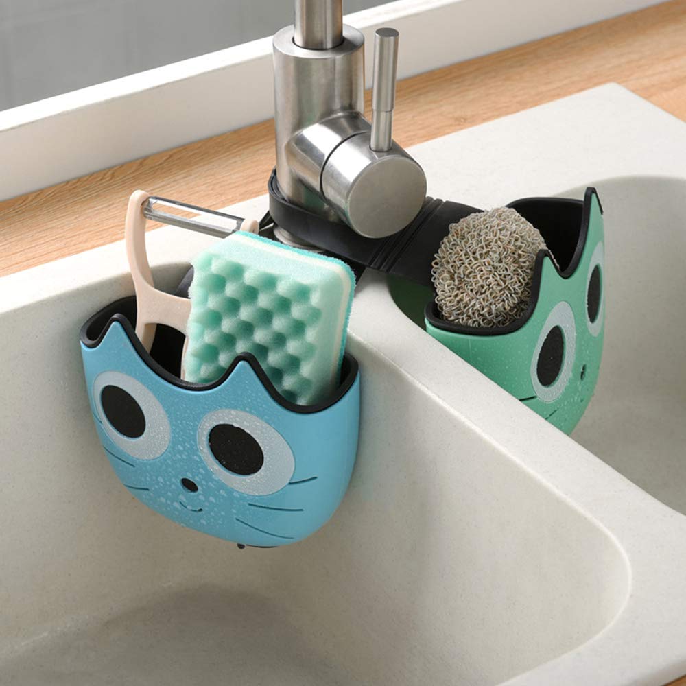 QTMY 2 PACK Cat Sponge Holder Basket with Buckle,Sink Faucet Caddy Hanging Drain Rack, Gadget Soap Brush Desk Pen Organizer for Kitchen Bathroom,Green Blue