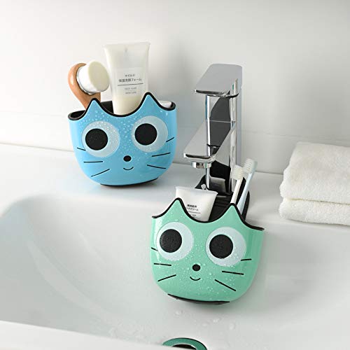 QTMY 2 PACK Cat Sponge Holder Basket with Buckle,Sink Faucet Caddy Hanging Drain Rack, Gadget Soap Brush Desk Pen Organizer for Kitchen Bathroom,Green Blue
