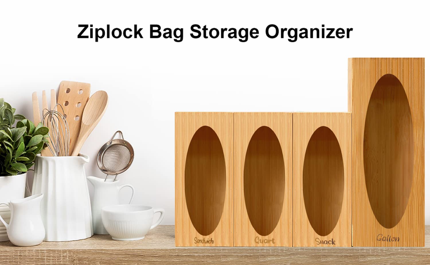 BPFY Bamboo Ziplock Bag Storage Organizer, Bamboo Zip Lock Bags Container for Kitchen Drawer, Food Storage Bag Holder Compatible with Gallon, Quart, Sandwich and Snack Variety Size Bags