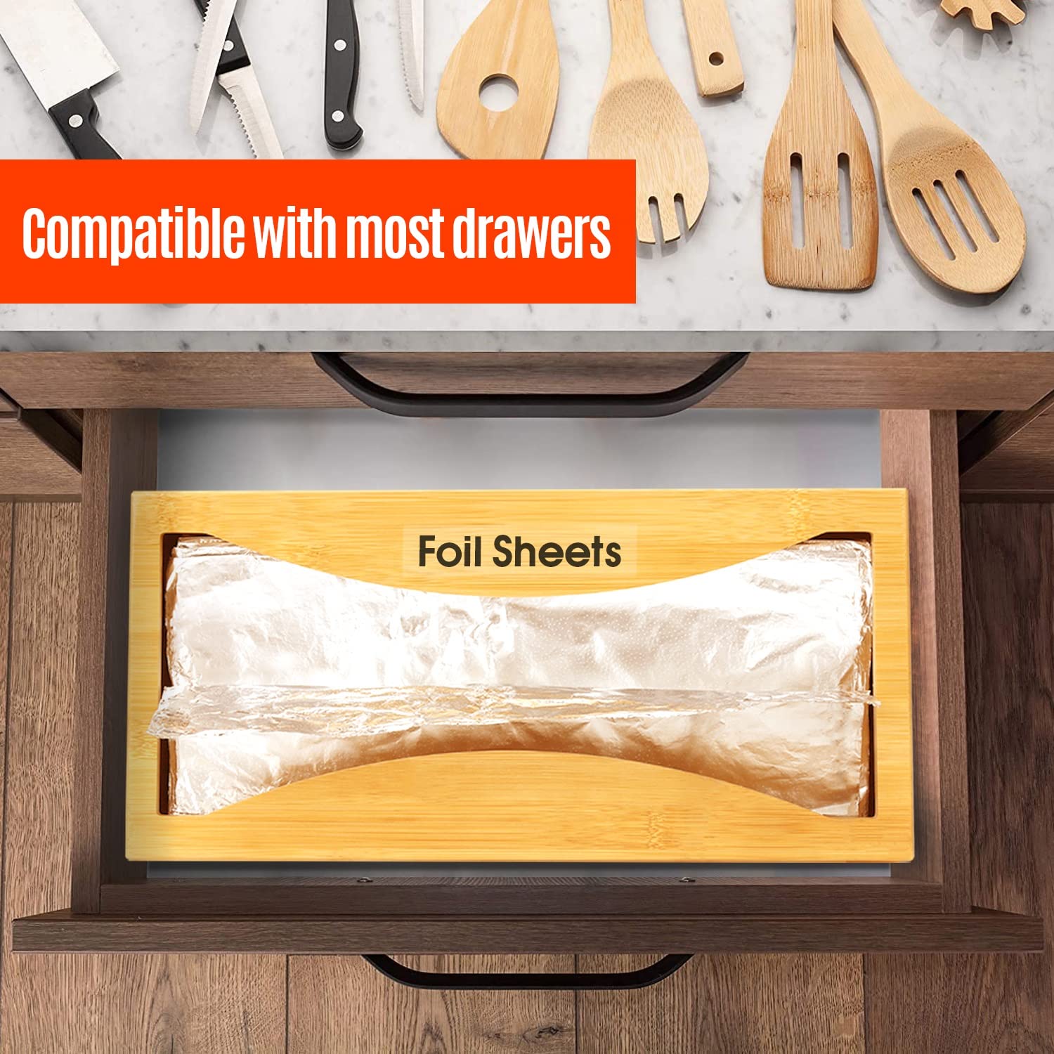 Libreshine Foil Sheet Dispenser for Drawer, Holder for 12×10.75, 9×10.75 Inches Pop Up Foil Sheets, Wax Paper Sheets, Bamboo Wall Mount Kitchen Pre-Cut Sheets Organizer