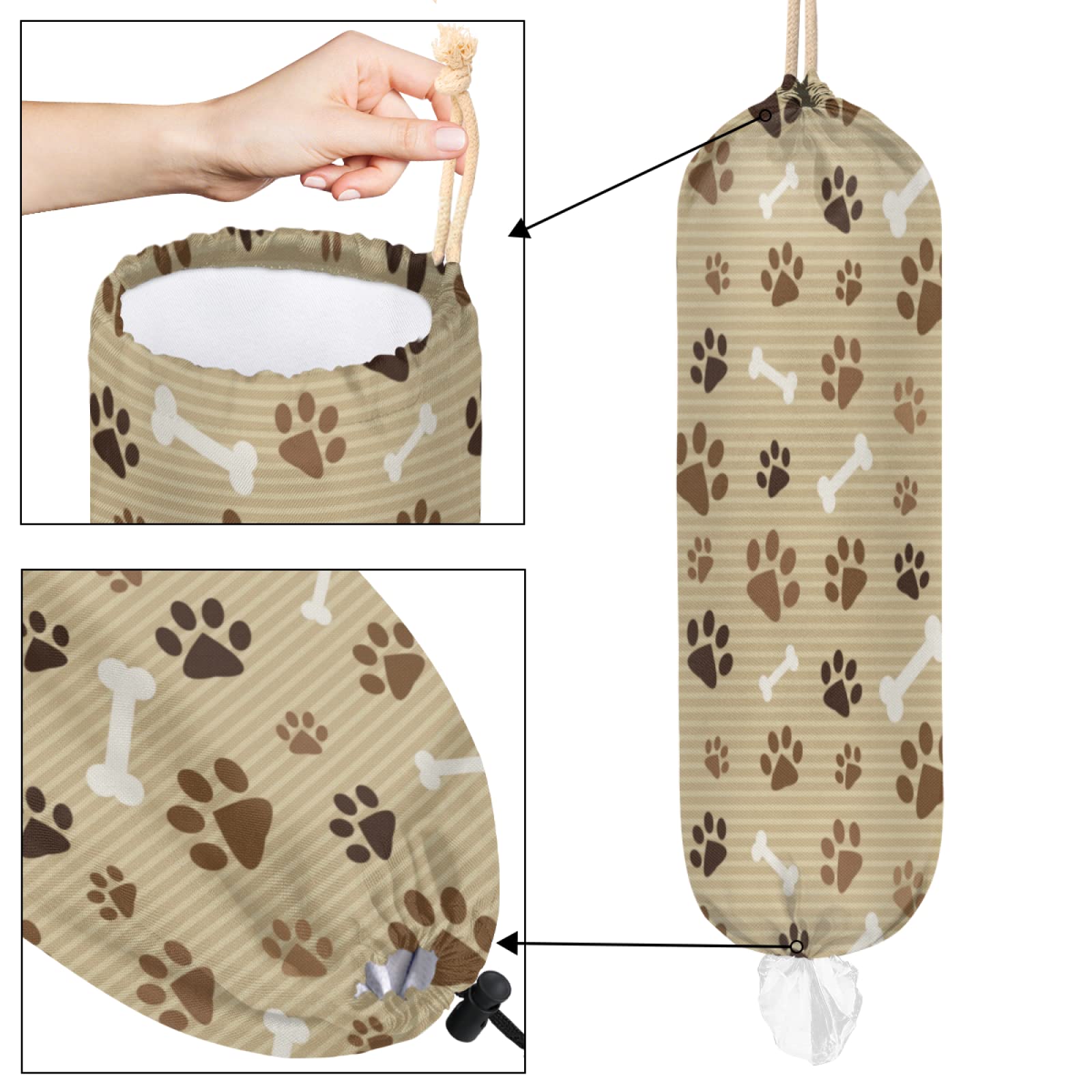 Animal Paw Print Plastic Bag Holder, Dog Footprint Grocery Bag Storage Holder Hanging Garbage Shopping Bag Trash Bags Organizer for Kitchen Home