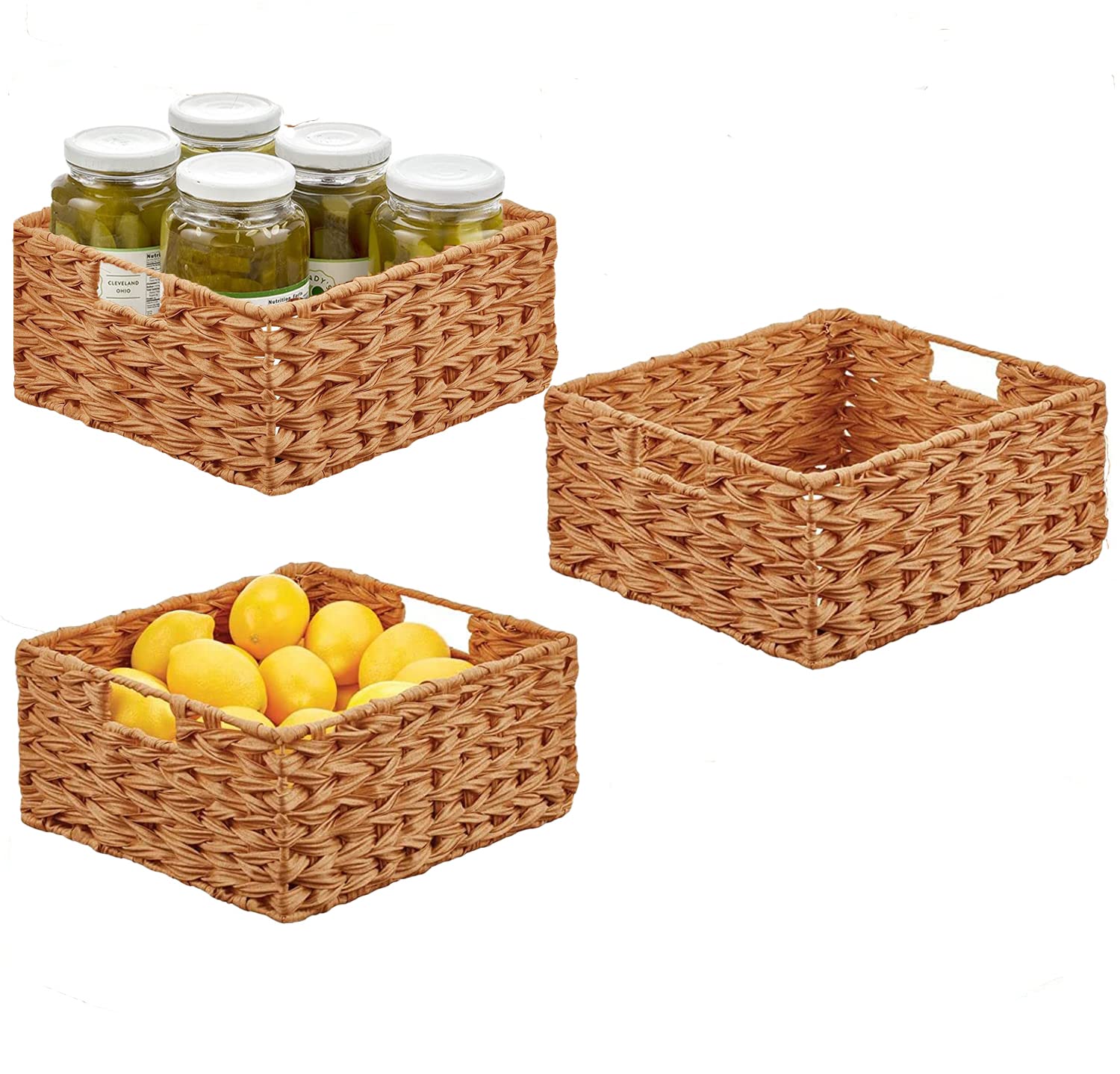 Home Fresh 3 Pack plastic Woven Farmhouse Kitchen Pantry Food Storage Organizer Basket Box - Container Organization for Cabinets, Cupboards, Shelves, Store PotatoesOnions,Countertops, Fruit, Brown