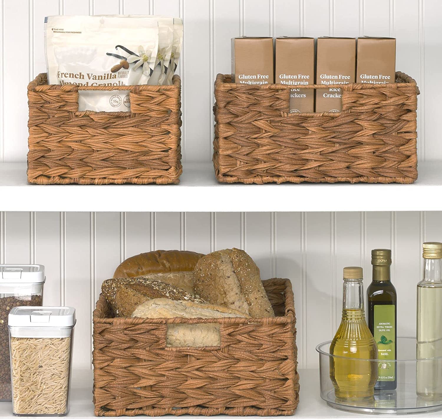 Home Fresh 3 Pack plastic Woven Farmhouse Kitchen Pantry Food Storage Organizer Basket Box - Container Organization for Cabinets, Cupboards, Shelves, Store PotatoesOnions,Countertops, Fruit, Brown