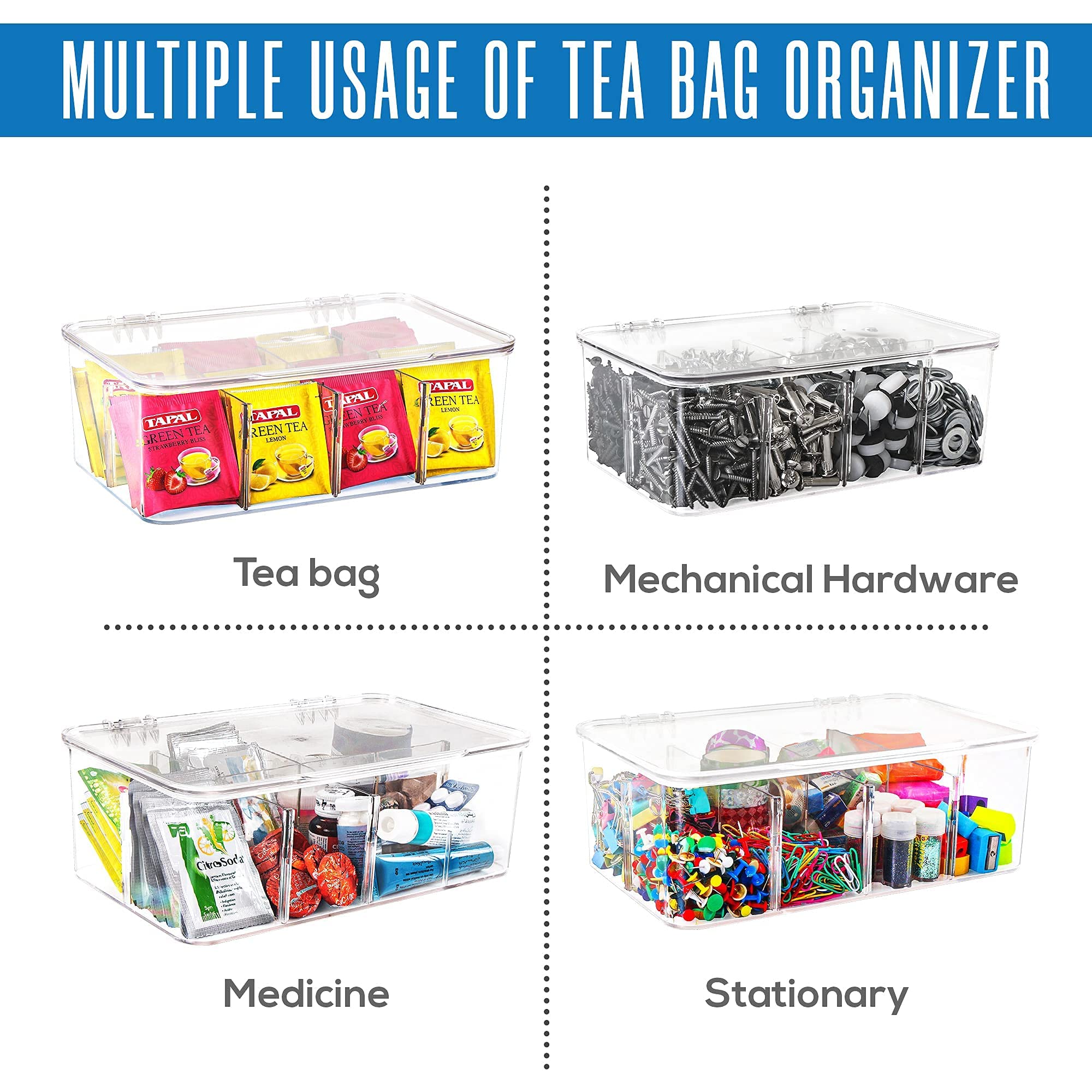 Utopia Home Set of 11 Organizers-8 Pantry Organizers (4 Large & 4 Small Drawers) & 3 Stackable Tea Bag Organizer Box with Clear Top Lids - Plastic Storage Racks for Freezers, Kitchen and Cabinets