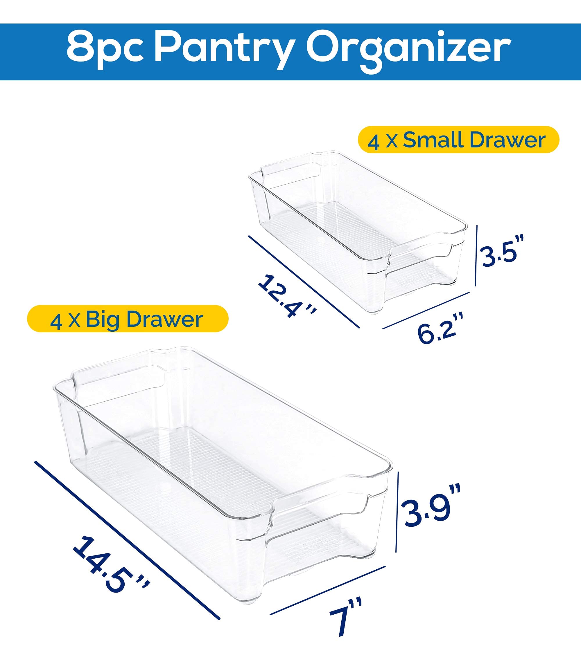 Utopia Home Set of 11 Organizers-8 Pantry Organizers (4 Large & 4 Small Drawers) & 3 Stackable Tea Bag Organizer Box with Clear Top Lids - Plastic Storage Racks for Freezers, Kitchen and Cabinets