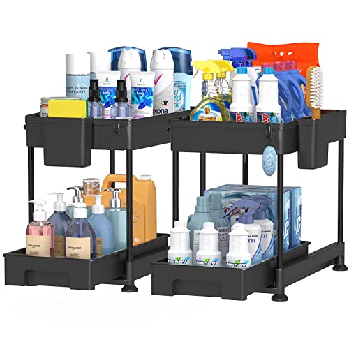 SPACELEAD Under Sink Organizers and Storage for Bathroom 2 Tier Sliding Cabinet Basket Drawers, Kitchen Under Sink Organizer with Hooks The Bottom Can Be Pulled Out Black