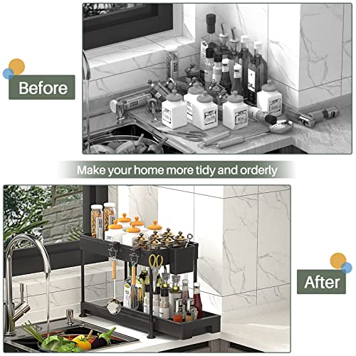 SPACELEAD Under Sink Organizers and Storage for Bathroom 2 Tier Sliding Cabinet Basket Drawers, Kitchen Under Sink Organizer with Hooks The Bottom Can Be Pulled Out Black