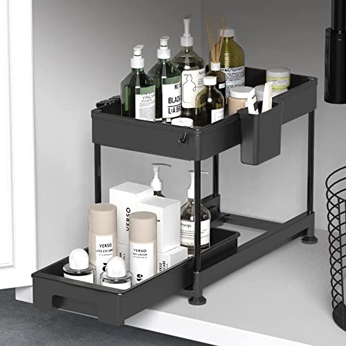 SPACELEAD Under Sink Organizers and Storage for Bathroom 2 Tier Sliding Cabinet Basket Drawers, Kitchen Under Sink Organizer with Hooks The Bottom Can Be Pulled Out Black