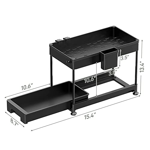 SPACELEAD Under Sink Organizers and Storage for Bathroom 2 Tier Sliding Cabinet Basket Drawers, Kitchen Under Sink Organizer with Hooks The Bottom Can Be Pulled Out Black