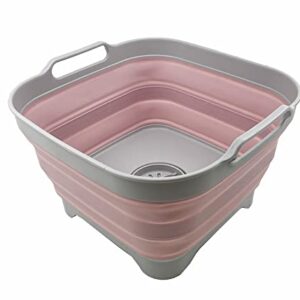 SAMMART 10L (2.64 Gallon) Collapsible Dishpan with Draining Plug - Foldable Washing Basin - Portable Dish Washing Tub - Space Saving Kitchen Storage Tray (Grey/Pale Pink)