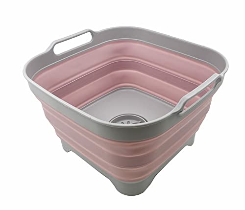 SAMMART 10L (2.64 Gallon) Collapsible Dishpan with Draining Plug - Foldable Washing Basin - Portable Dish Washing Tub - Space Saving Kitchen Storage Tray (Grey/Pale Pink)