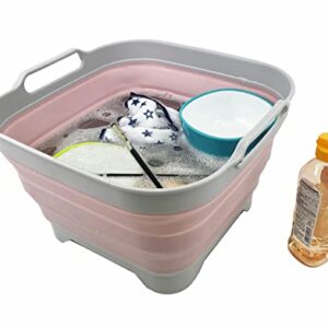 SAMMART 10L (2.64 Gallon) Collapsible Dishpan with Draining Plug - Foldable Washing Basin - Portable Dish Washing Tub - Space Saving Kitchen Storage Tray (Grey/Pale Pink)