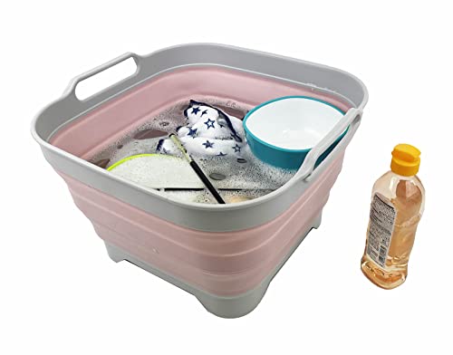 SAMMART 10L (2.64 Gallon) Collapsible Dishpan with Draining Plug - Foldable Washing Basin - Portable Dish Washing Tub - Space Saving Kitchen Storage Tray (Grey/Pale Pink)