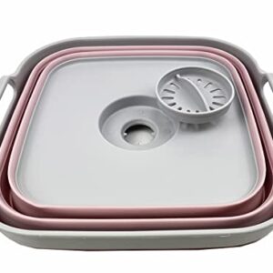 SAMMART 10L (2.64 Gallon) Collapsible Dishpan with Draining Plug - Foldable Washing Basin - Portable Dish Washing Tub - Space Saving Kitchen Storage Tray (Grey/Pale Pink)