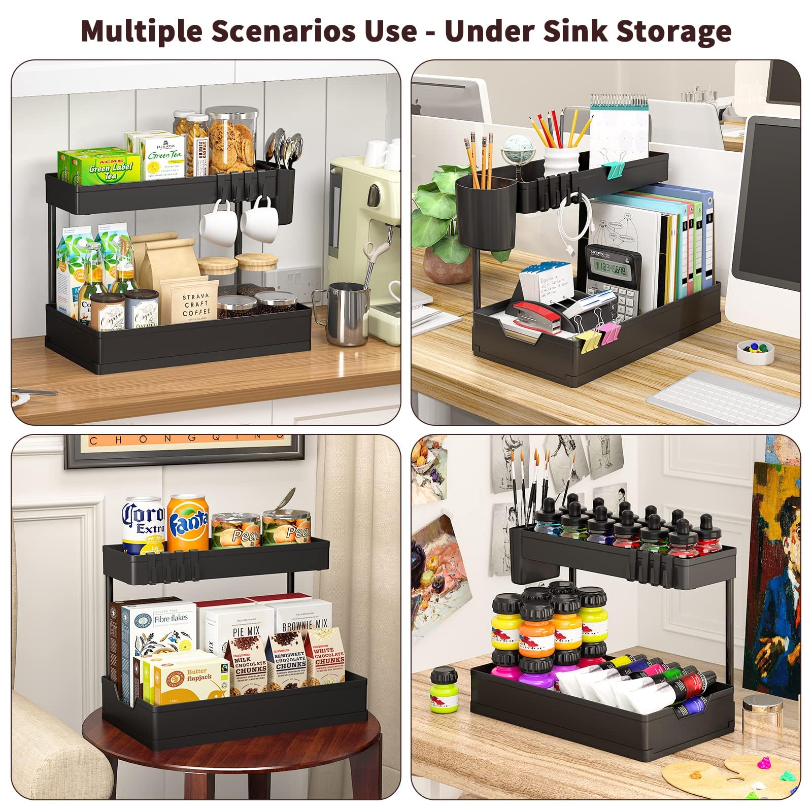 WAKISA Under Sink Organizers 2 Pack, Bathroom Organizers Under Cabinet Storage, 2 Tier Counter Storage with Drawer/Hooks/Cups, L Shape Large Capacity Organization and Storage for Home Kitchen Bathroom